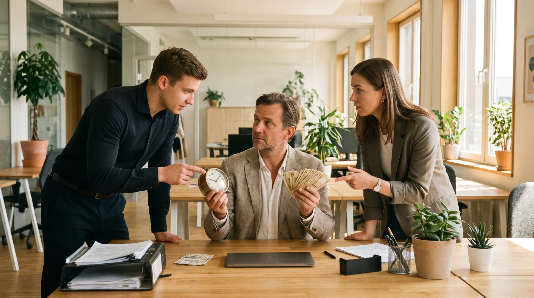A business broker seated between two people pitching him, one holding a clock, the other holding cash, in a modern open office