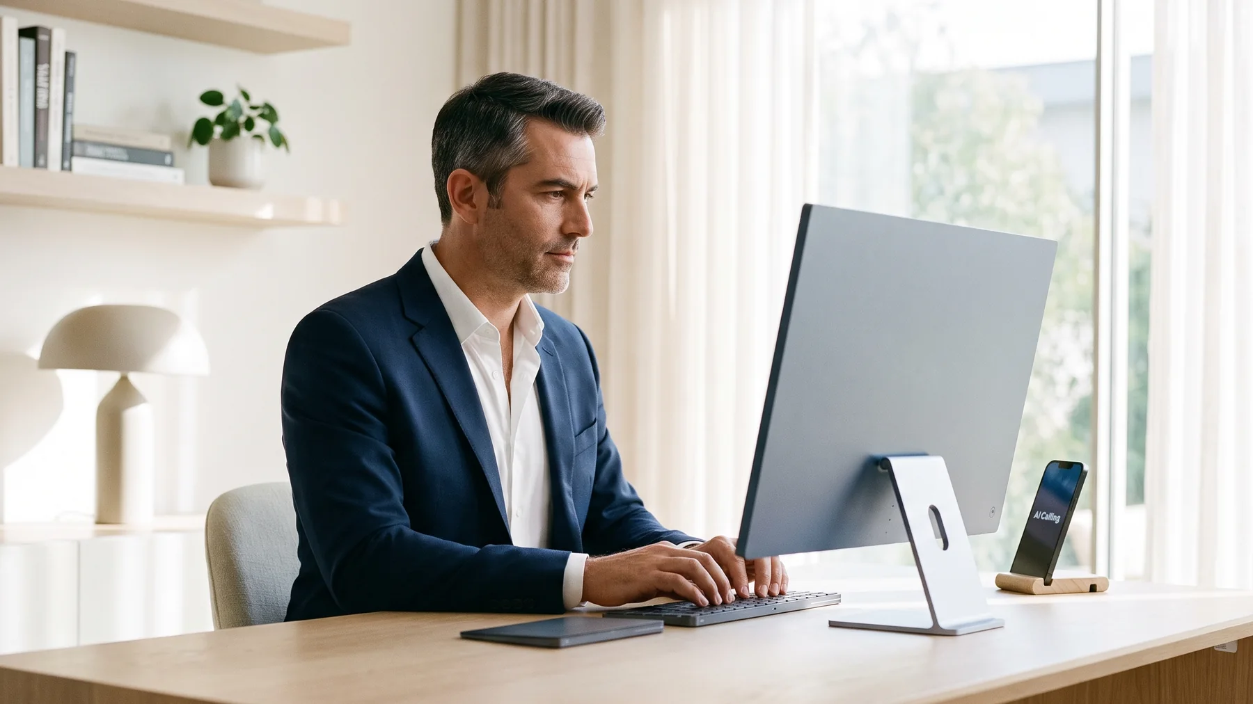 A business broker working at his monitor in a modern home office while his phone, propped beside him, displays AI Calling