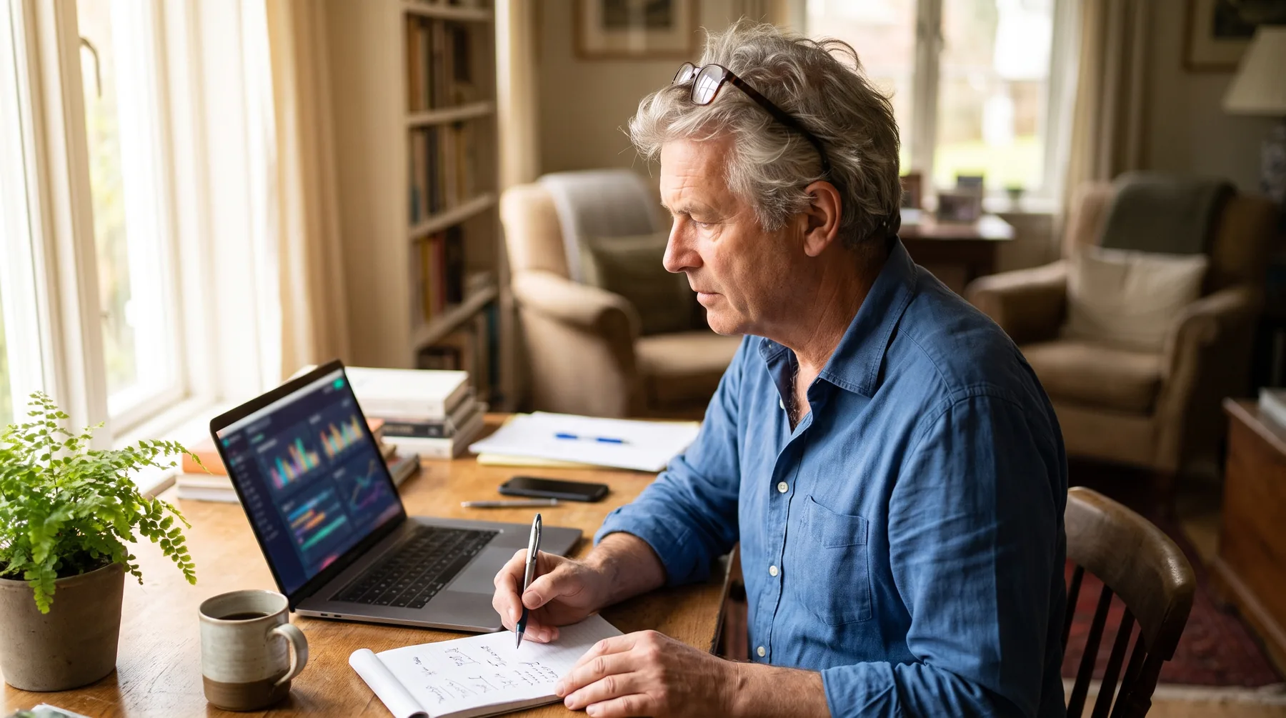 A business broker taking notes while reviewing a dashboard on his laptop