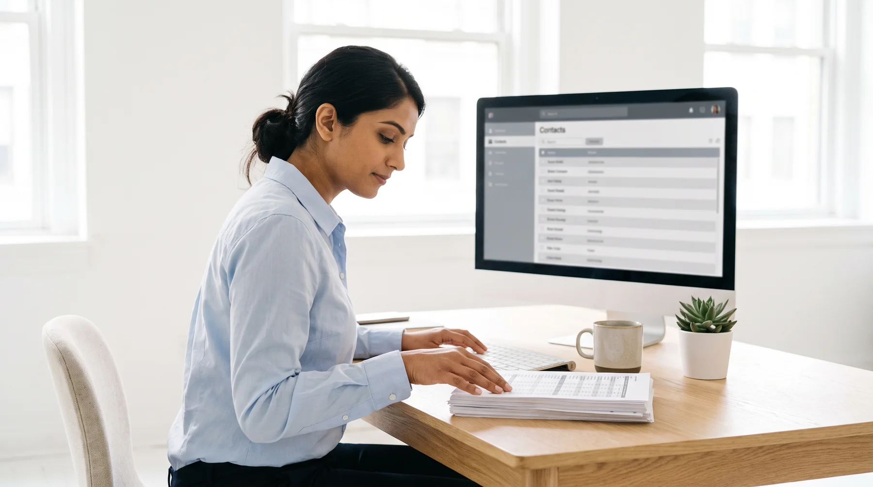 A business broker working in her CRM with a stack of printed spreadsheets beside her