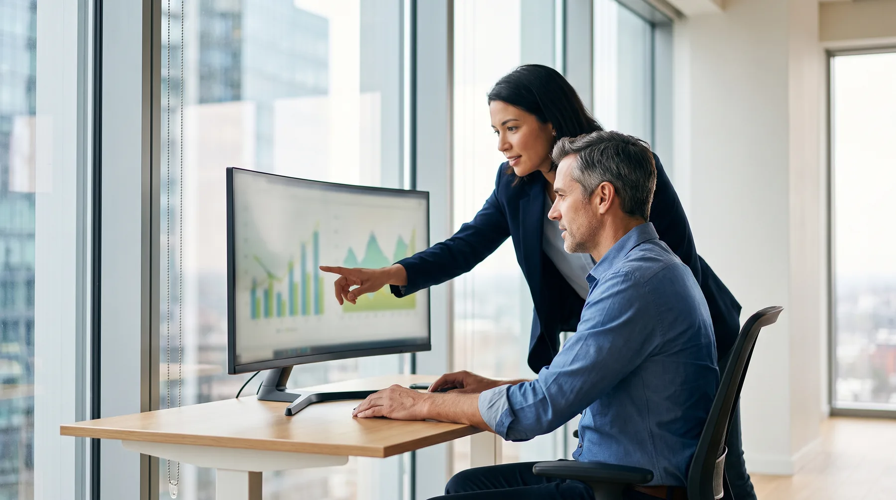 A business broker and a colleague looking over pipeline charts together on a large monitor