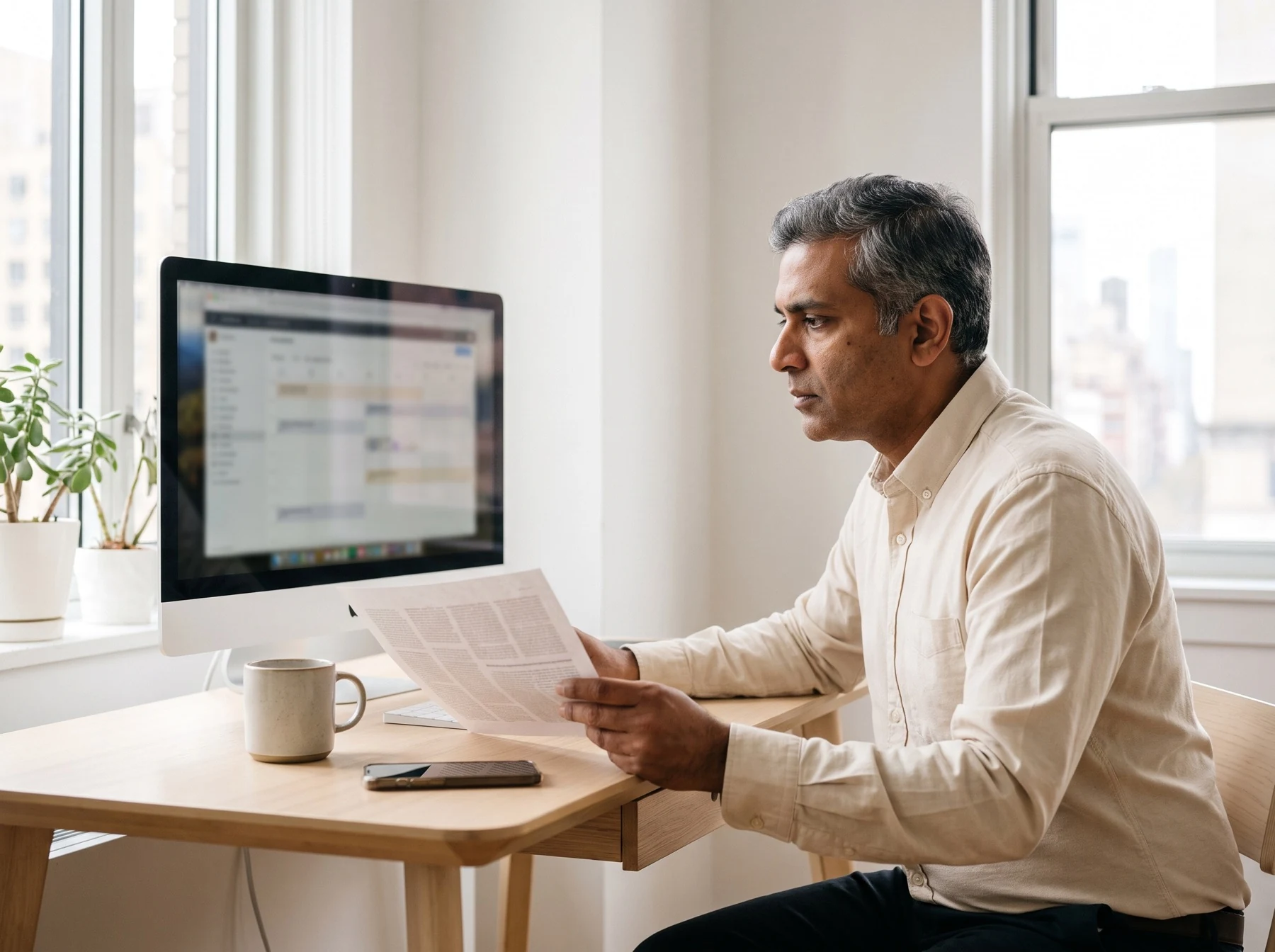 A broker at his desk with a contact record and its full history