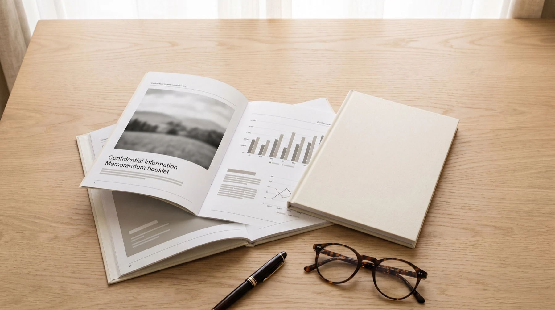 A finished confidential information memorandum open on the table