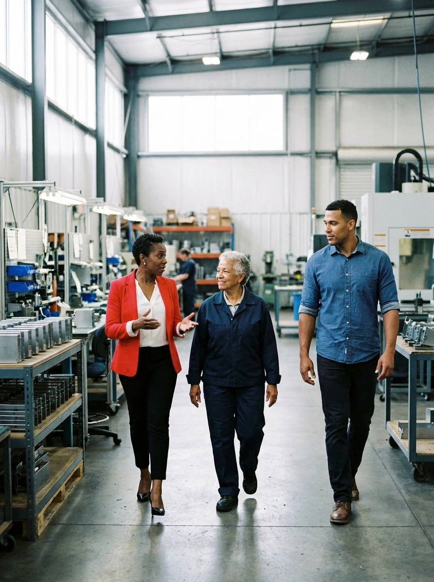 An advisor walking the floor with a business owner